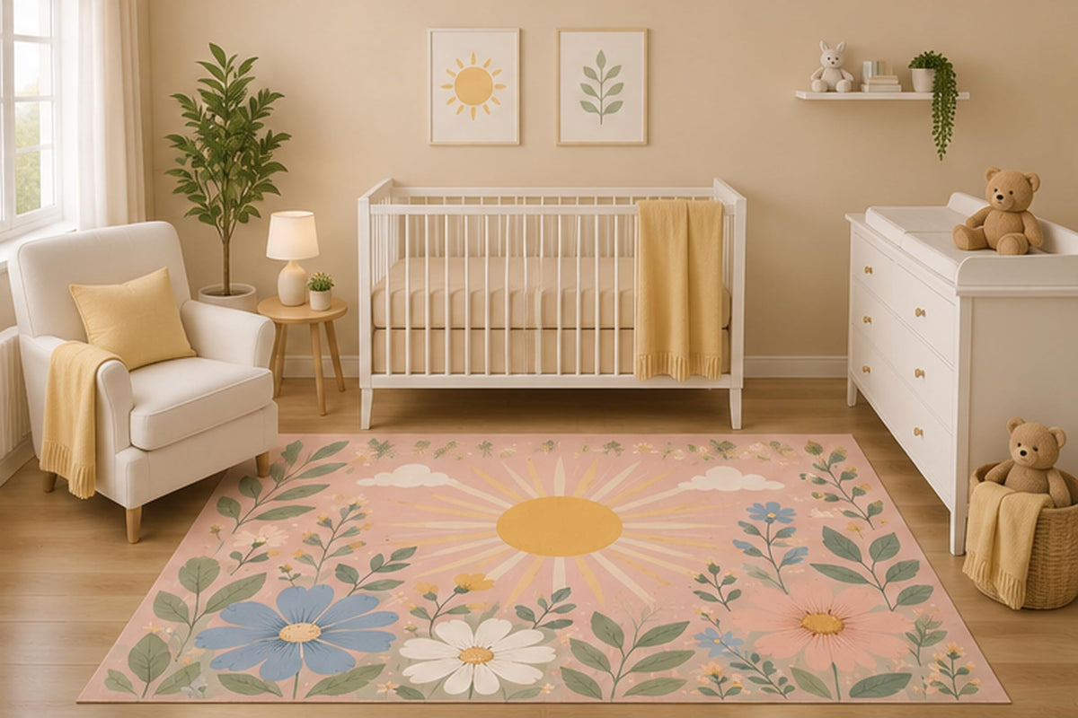 ICE ARMOR 5' x 7' Botanical Sunrise Floral Area Rug for Nursery Room, Pastel Daisy Garden Landscape Design, Baby Bedroom Decor, Non-Slip Silicone Backing Low Pile