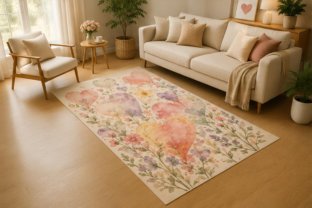ICE ARMOR 5' x 7' Watercolor Heart Bouquet Area Rug, Soft Low Pile Indoor Rug with Non-Slip Silicone Backing for Living Room, Bedroom, Nursery, Kids Room, Playroom, Kids & Pets, Pink Purple Green