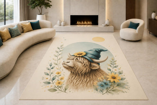 ICE ARMOR "Ultra Lightweight Large 6'7" x 9'10" Floral Highland Cow Area Rug for Living Room, Bedroom and Home Office, Soft Low Pile Carpet with Non-Slip Silicone Backing, Cream and Blue