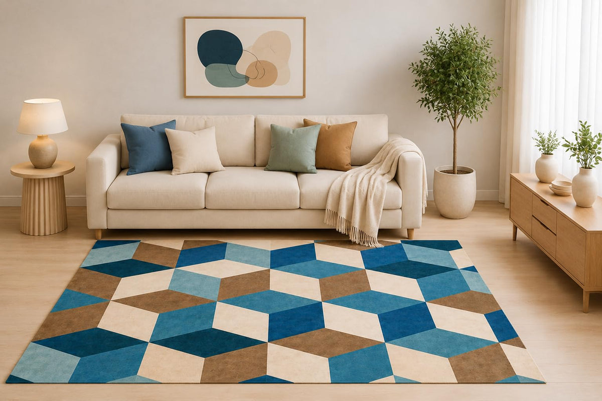 ICE ARMOR 5' x 7' Abstract Cube Area Rug, Blue Teal Brown Geometric 3D Block Design for Living Room Bedroom Office, Non-Slip Silicone Backing, Low Pile Carpet