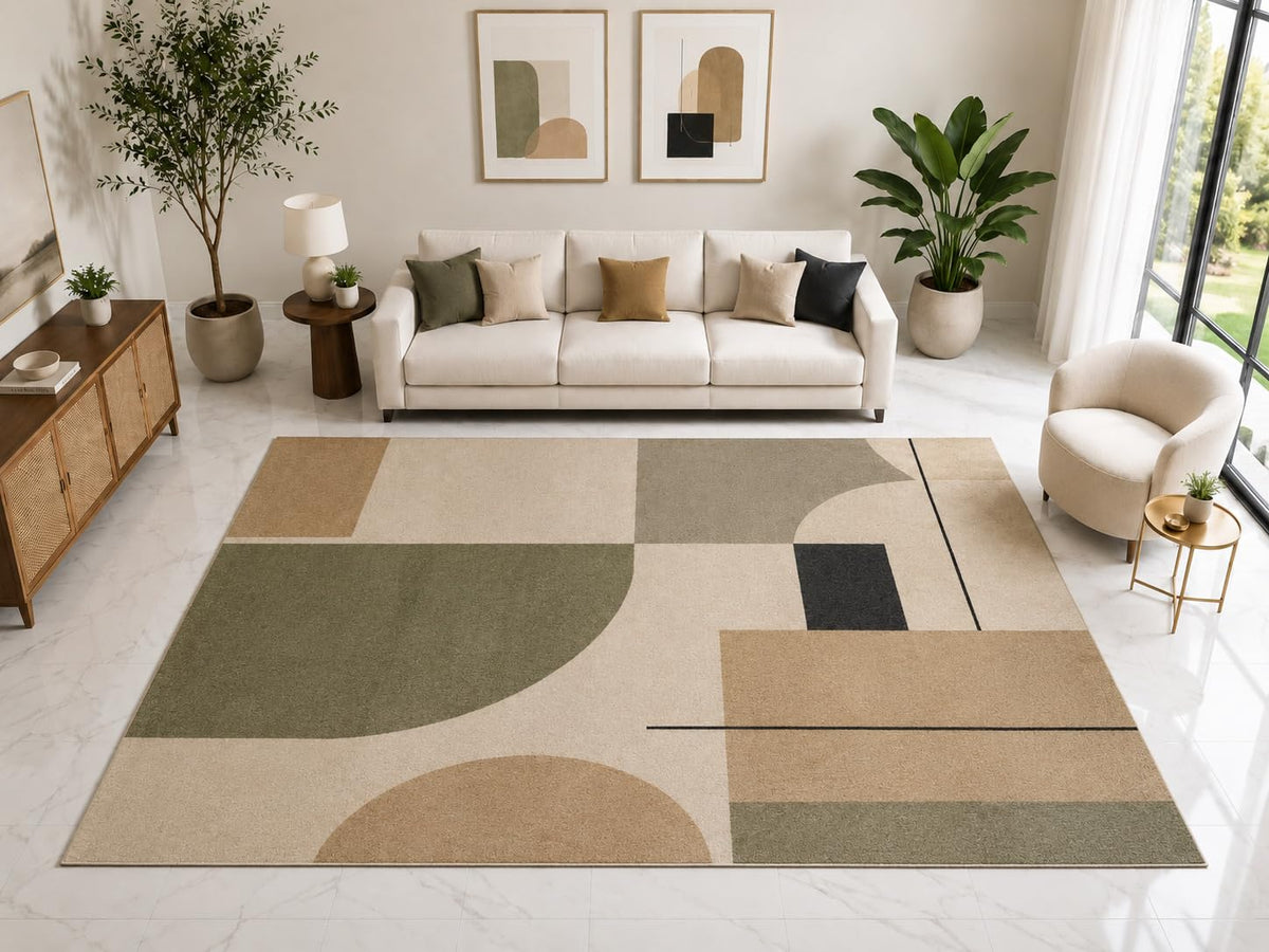 ICE ARMOR "Ultra Light Weight Large 6'7" x 9'10" Olive Abstract Rug, Soft Low Pile Indoor Rug, Non-Slip Silicone Backing for Office Beige