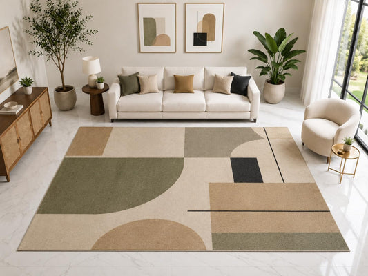 ICE ARMOR "Ultra Light Weight Large 6'7" x 9'10" Olive Abstract Rug, Soft Low Pile Indoor Rug, Non-Slip Silicone Backing for Office Beige