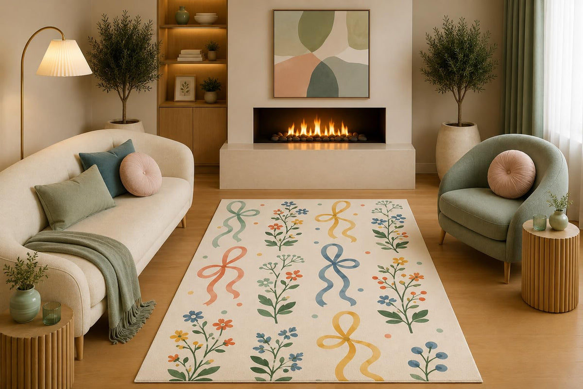 ICE ARMOR 5' x 7' Whimsical Floral Area Rug Colorful Wildflowers and Ribbon Bows Cream for Living Room Bedroom Nursery Playroom Non-Slip Silicone Backing Low Pile