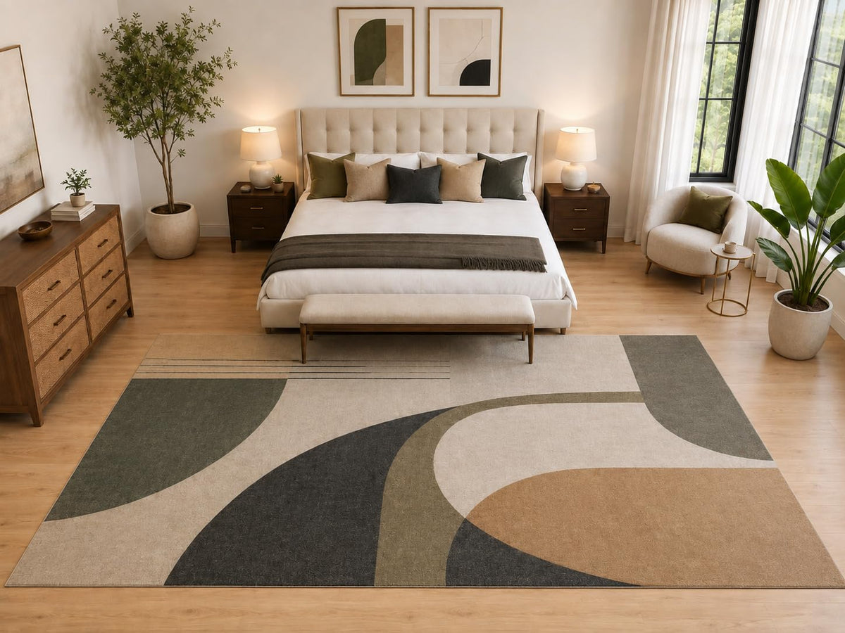 ICE ARMOR "Ultra Light Weight Large 6'7" x 9'10" Abstract Curve Rug, Soft Low Pile Indoor Rug, Non-Slip Silicone Backing for Living Room Olive