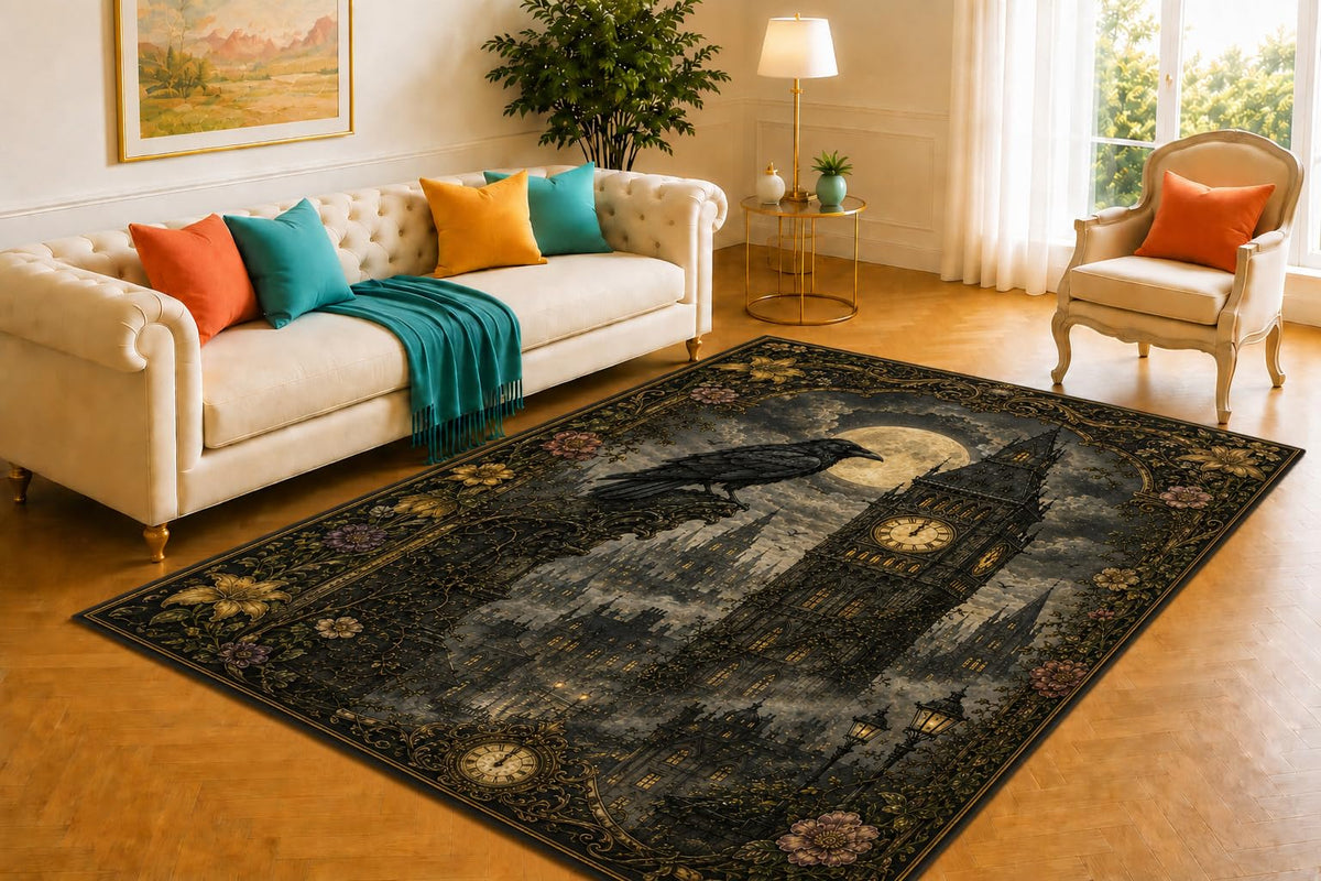 ICE ARMOR 5' x 7' Clock Tower Rug, Raven Moon and Misty City Illustration, Smooth Printed Floor Cover for Office, Bedroom, Study and Victorian Home Decor