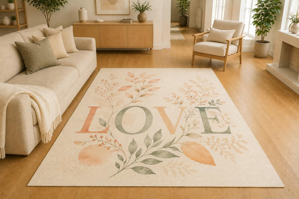 ICE ARMOR 5' x 7' Minimal Leaf Love Area Rug, Soft Low Pile Indoor Rug with Non-Slip Silicone Backing for Living Room, Bedroom, Office, Modern Botanical Decor, Cream Green Peach