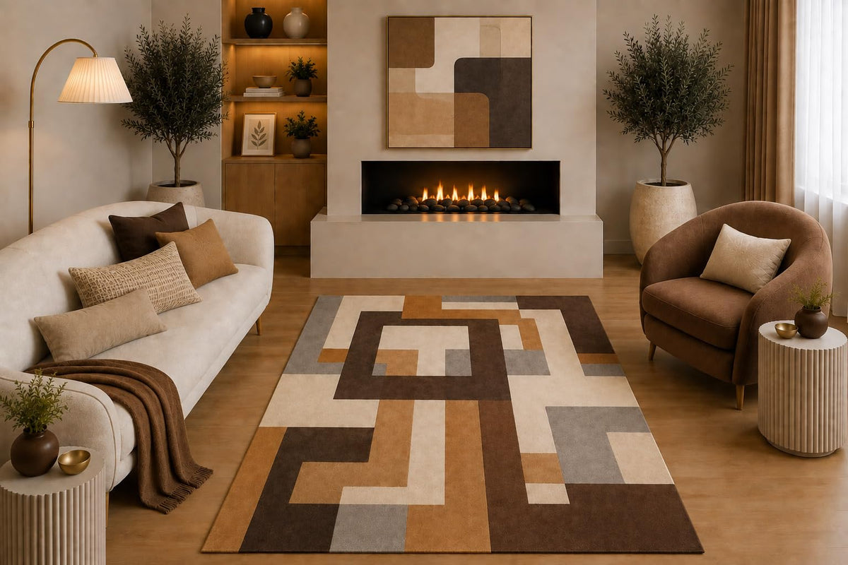 ICE ARMOR "Ultra Light Weight 5' x 7' Modern Geometric Area Rug Brown Beige Tan Gray Abstract Block Design for Living Room Bedroom Dining Room Office Non-Slip Silicone Backing Low Pile