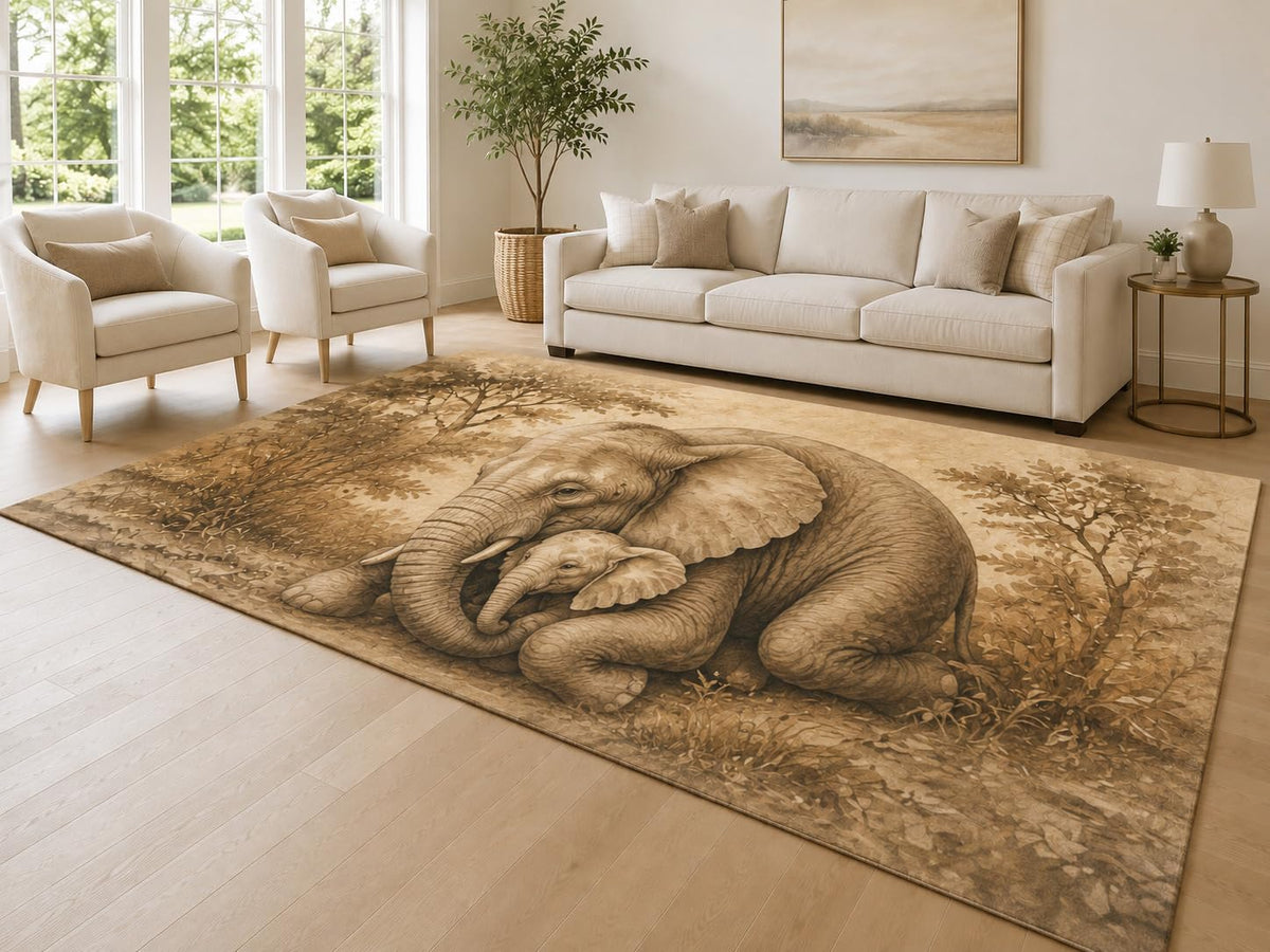 ICE ARMOR Large 6'7" x 9'10" Sepia and Beige Elephant Bond Area Rug for Living Room, Soft Low Pile Carpet with Non-Slip Silicone Backing, Decor for Bedroom and Home Office