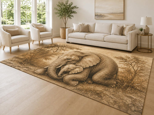 ICE ARMOR Large 6'7" x 9'10" Sepia and Beige Elephant Bond Area Rug for Living Room, Soft Low Pile Carpet with Non-Slip Silicone Backing, Decor for Bedroom and Home Office