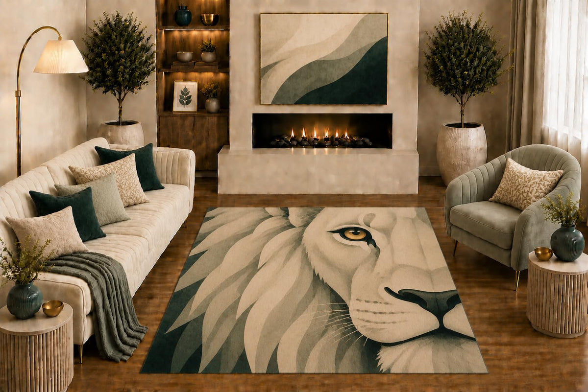 ICE ARMOR "Ultra Light Weight 5' x 7' White Lion Area Rug Modern Majestic Wildlife Portrait Art Ivory Sage for Living Room Bedroom Office Decor Non-Slip Silicone Backing Low Pile