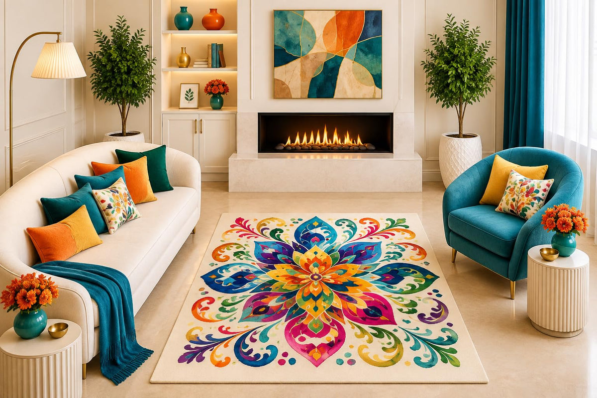ICE ARMOR "Ultra Light Weight 5' x 7' Colorful Boho Floral Mandala Area Rug Vibrant Ornamental Medallion Living Room Bedroom Dining Room Non-Slip Silicone Backing Low Pile
