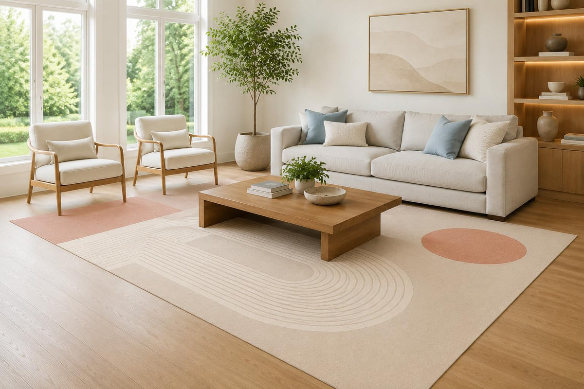 ICE ARMOR Large 6'7" x 9'10" Beige and Terracotta Rounded Pathways Area Rug for Living Room, Soft Low Pile Carpet with Non-Slip Silicone Backing, Decor for Bedroom, Dining Area and Home Office