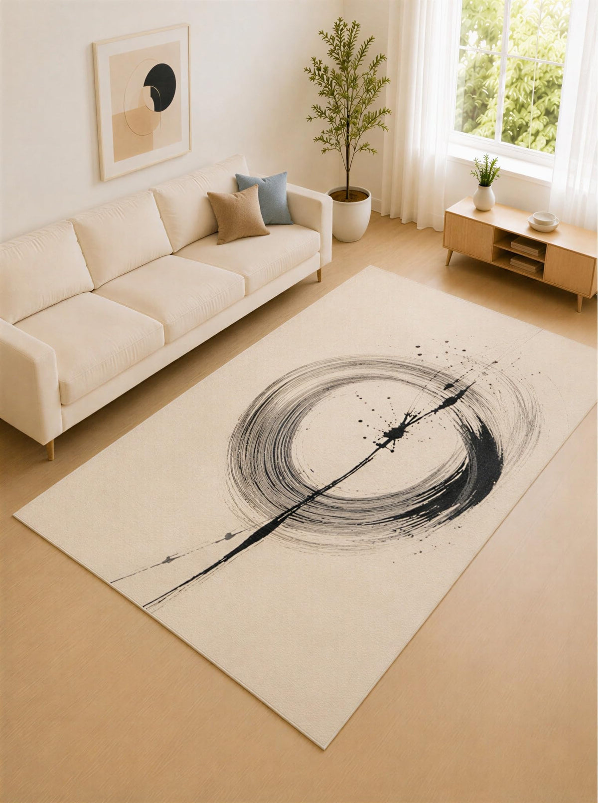 ICE ARMOR Large 6'7" x 9'10" Charcoal Gray and Beige Ink Circle Area Rug for Living Room, Soft Low Pile Carpet with Non-Slip Silicone Backing, Decor for Bedroom and Home Office