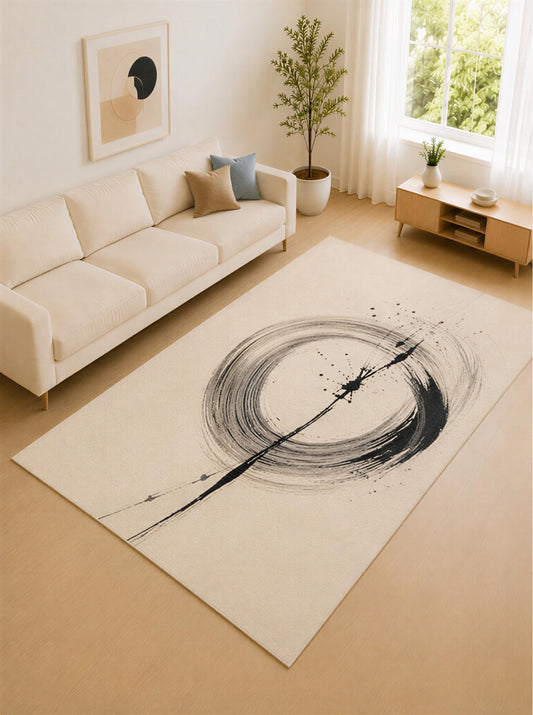 ICE ARMOR Large 6'7" x 9'10" Charcoal Gray and Beige Ink Circle Area Rug for Living Room, Soft Low Pile Carpet with Non-Slip Silicone Backing, Decor for Bedroom and Home Office