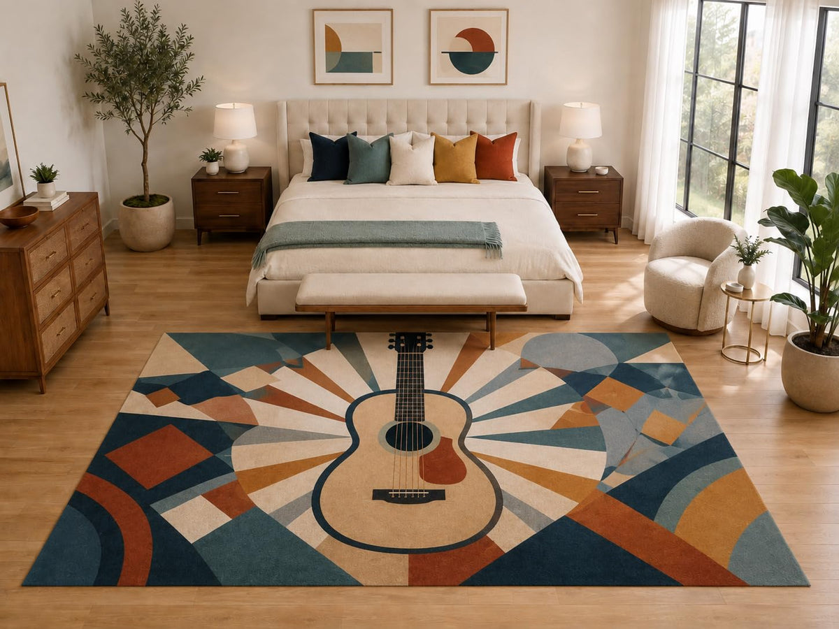 ICE ARMOR "Ultra Light Weight Large 6'7" x 9'10" Acoustic Guitar Sunburst Rug, Soft Low Pile Indoor Rug, Non-Slip Silicone Backing for Bedroom Teal Orange