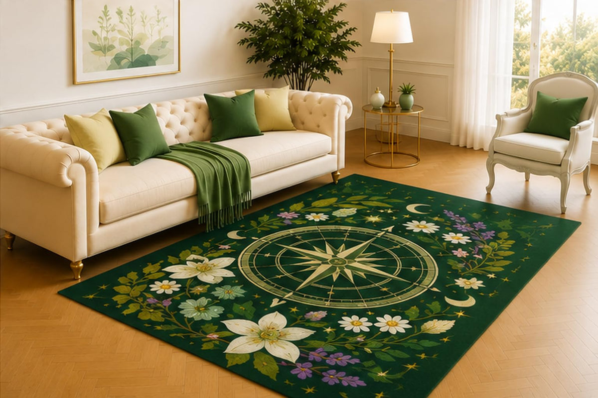 ICE ARMOR 5' x 7' Floral Compass Rug, Celestial Navigation Wheel with White Blooms and Lavender Sprigs on Deep Green, Distinctive Accent for Office, Studio or Reading Area