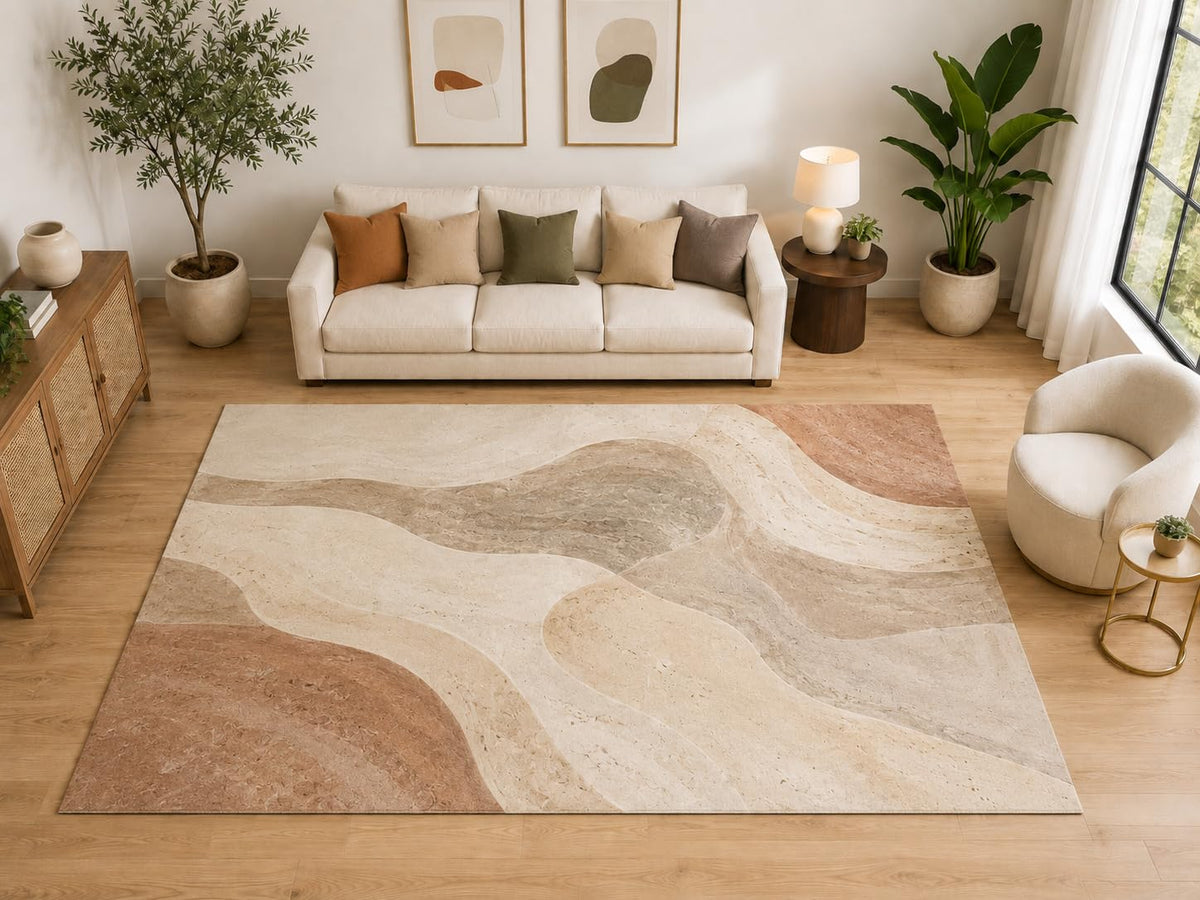 ICE ARMOR "Ultra Light Weight Large 6'7" x 9'10" Organic Wavy Abstract Area Rug, Soft Low Pile Indoor Rug and Non-Slip Silicone Backing for Living Room Bedroom, Beige