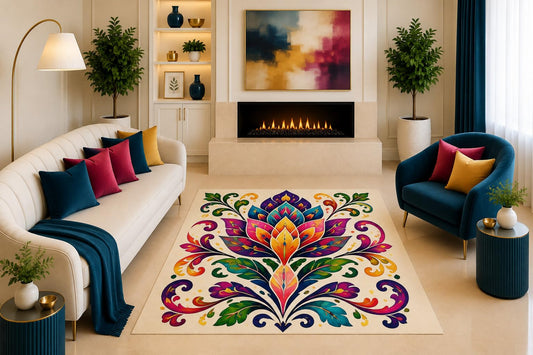 ICE ARMOR "Ultra Light Weight 5' x 7' Colorful Lotus Floral Area Rug Boho Folk Art Botanical Scroll Decor for Living Room Bedroom Dining Room Non-Slip Silicone Backing Low Pile