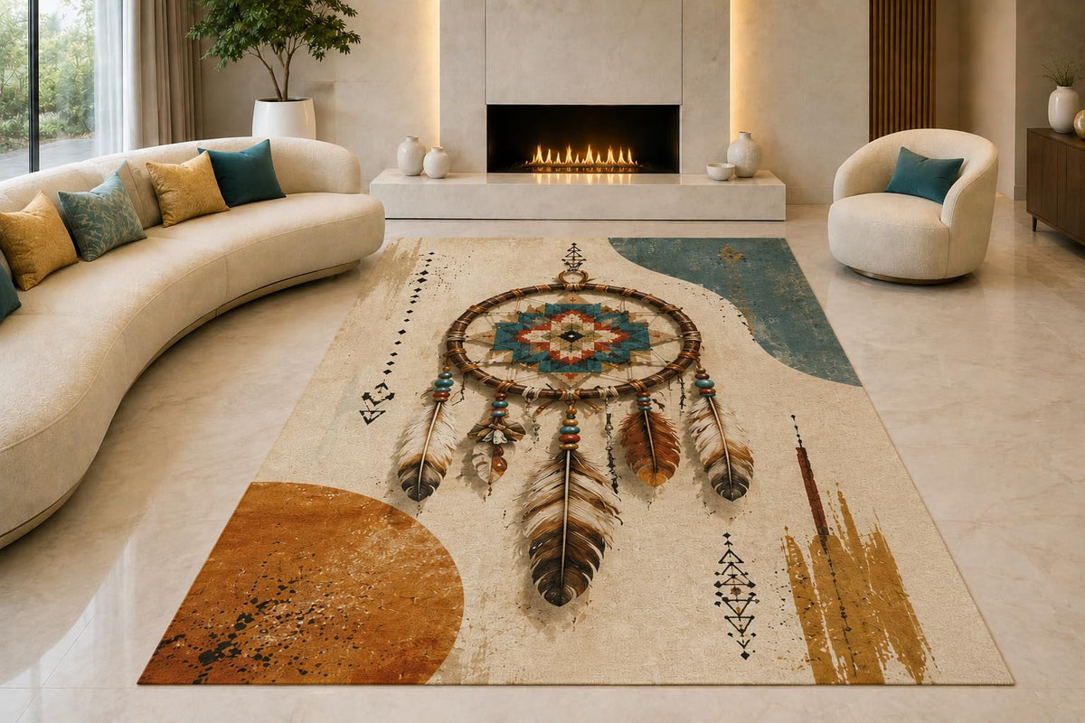 ICE ARMOR "Ultra Lightweight Large 6'7" x 9'10" Dreamcatcher Area Rug for Living Room, Bedroom and Home Office, Soft Low Pile Carpet with Non-Slip Silicone Backing, Teal and Terracotta