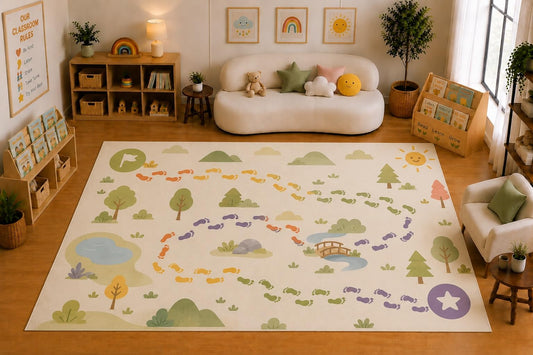 ICE ARMOR Large 6'7" x 9'10" Footprint Adventure Path Area Rug for for Kids Room, Classroom, Bedroom, Playroom Decor, Soft Low Pile Indoor Rug with Non-Slip Silicone Backing, Pastel Multicolor