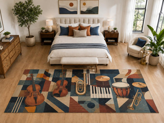 ICE ARMOR "Ultra Light Weight Large 6'7" x 9'10" Vintage Band Instrument Rug, Soft Low Pile Indoor Rug, Non-Slip Silicone Backing for Bedroom Blue