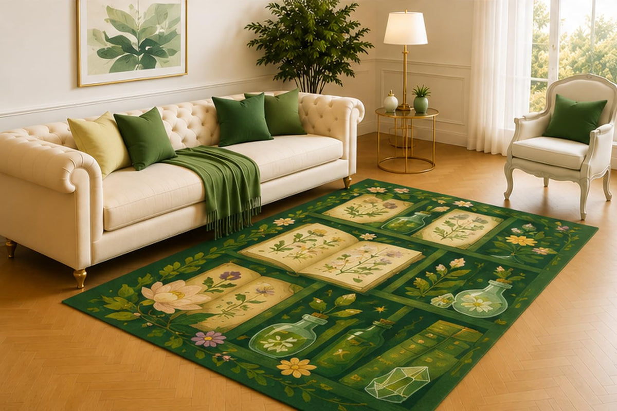 ICE ARMOR 5' x 7' Botanical Archive Rug, Open Herb Books, Potion Bottles, Crystals and Pressed Flowers on Emerald Green, Curated Decor for Study, Office or Library