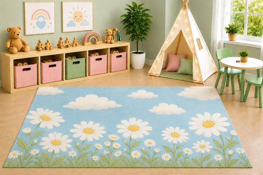 ICE ARMOR 5' x 7' Daisy Meadow Area Rug, Watercolor White Daisy Blue Sky Floral Garden Kids Playroom Nursery Bedroom Rug, Non-Slip Silicone Backing Low Pile