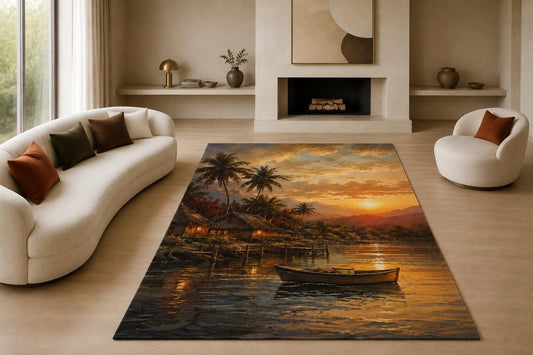 ICE ARMOR "Ultra Lightweight Large 6'7" x 9'10" Village Sunset Area Rug for Living Room, Bedroom and Home Office, Soft Low Pile Carpet with Non-Slip Silicone Backing, Orange and Brown