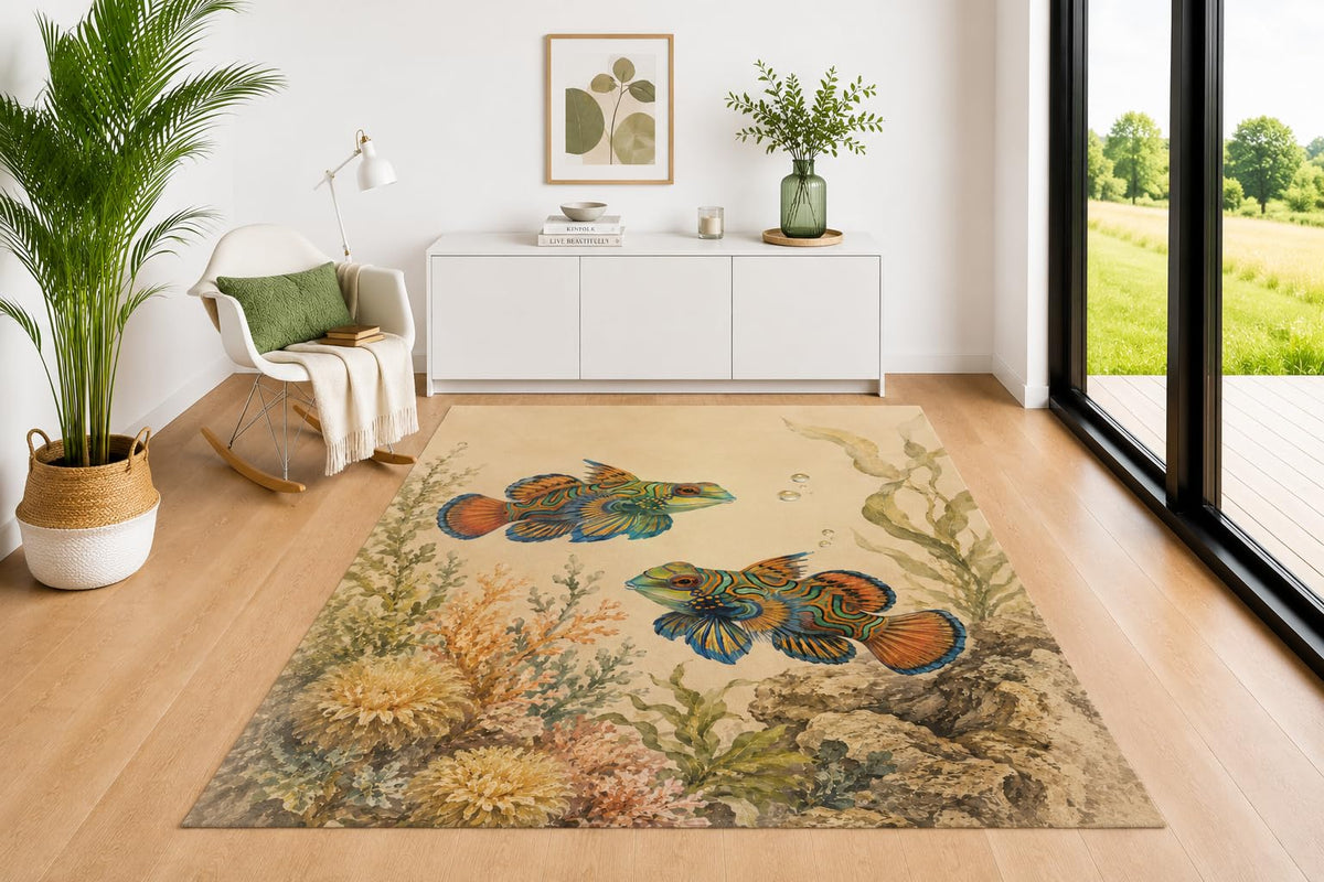 ICE ARMOR 5' x 7' Mandarin Dragonet Fish Area Rug for Living Room, Soft Low Pile Indoor Rug with Non-Slip Silicone Backing, Decorative Carpet for Bedroom, Office, Kids & Pets, Beige