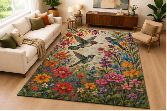 ICE ARMOR 5' x 7' Hummingbird Floral Garden Area Rug Soft Low Pile Indoor Rug with Non Slip Silicone Backing Botanical Bird Decor Carpet for Living Room Bedroom Dining Room Family Room Multicolor