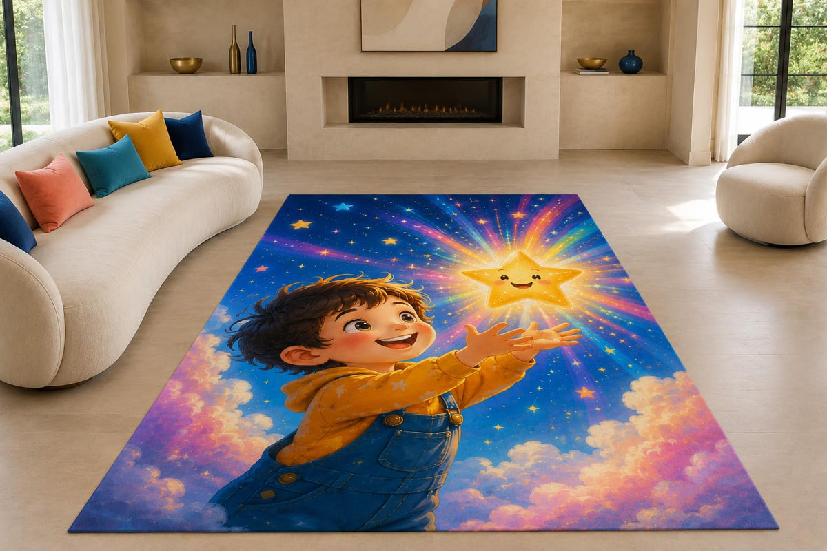 ICE ARMOR "Ultra Lightweight Large 6'7" x 9'10" Boy Catching Star Area Rug for Living Room, Bedroom and Home Office, Soft Low Pile Carpet with Non-Slip Silicone Backing, Blue and Yellow