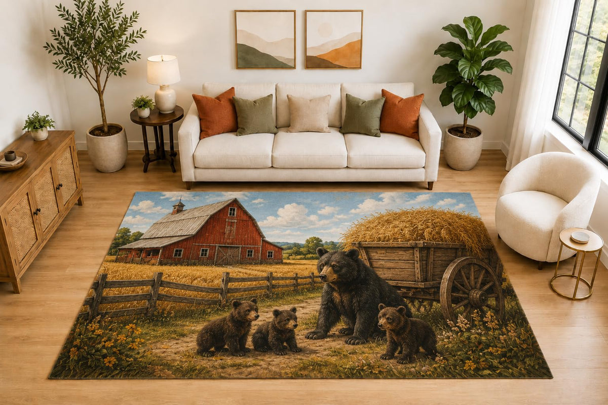 ICE ARMOR "Ultra Light Weight Large 6'7" x 9'10" Bear Family Barn Rug, Soft Low Pile Indoor Rug, Non-Slip Silicone Backing for Family Room Brown
