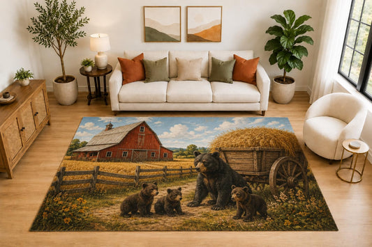 ICE ARMOR "Ultra Light Weight Large 6'7" x 9'10" Bear Family Barn Rug, Soft Low Pile Indoor Rug, Non-Slip Silicone Backing for Family Room Brown