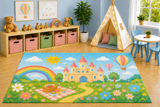ICE ARMOR 5' x 7' Fairytale Castle Picnic Area Rug, Rainbow Hot Air Balloon Floral Garden Kids Playroom Nursery Bedroom Rug, Non-Slip Silicone Backing Low Pile