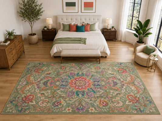 ICE ARMOR "Ultra Light Weight Large 6'7" x 9'10" Vintage Floral Medallion Rug, Soft Low Pile Indoor Rug, Non-Slip Silicone Backing for Bedroom Sage