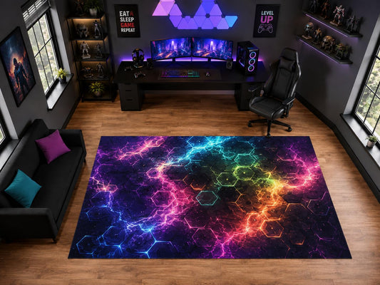 ICE ARMOR "Ultra Light Weight Large 6'7" x 9'10" Neon Hexagon Energy Pattern Area Rug for Playroom Decor, Soft Low Pile Indoor Rug with Non-Slip Silicone Backing, Black Multicolor
