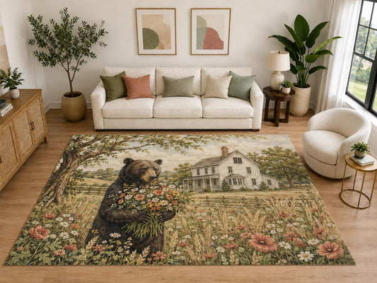 ICE ARMOR "Ultra Light Weight Large 6'7" x 9'10" Bear Wildflower Farm Area Rug, Soft Low Pile Indoor Rug, Non-Slip Silicone Backing, Bedroom, Beige