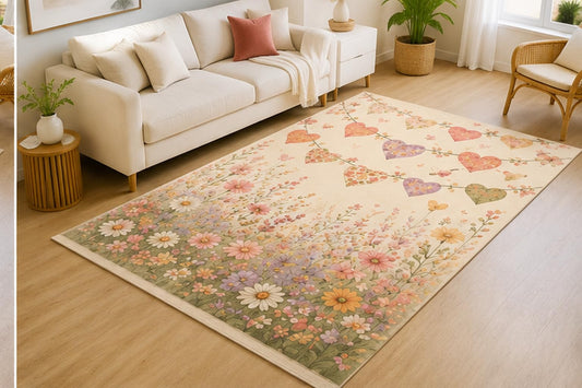 ICE ARMOR 5' x 7' Heart Garland Wildflower Meadow Area Rug for Living Room, Soft Low Pile Indoor Rug with Non-Slip Silicone Backing, Decorative Carpet for Bedroom, Family Room, Cream Multicolor