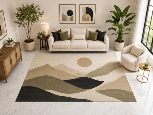 ICE ARMOR Large 6'7" x 9'10" Abstract Mountain Sun Area Rug, Soft Low Pile Indoor Rug with Non-Slip Silicone Backing for Living Room Bedroom, Beige Olive