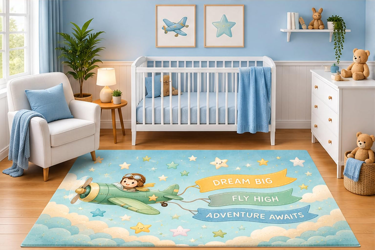 ICE ARMOR 5' x 7' Dream Big Airplane Area Rug for Nursery Room, Cute Pilot Adventure Clouds and Stars Inspirational Design for Baby Boy Bedroom Decor, Non-Slip Silicone Backing Low Pile
