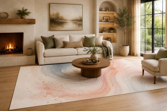 ICE ARMOR Large 6'7" x 9'10" Peach and Gray Curved Whirlpool Area Rug for Living Room, Soft Low Pile Carpet with Non-Slip Silicone Backing, Decor for Bedroom, Dining Area and Home Office
