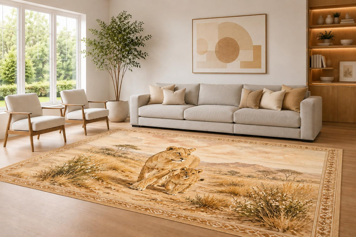 ICE ARMOR Large 6'7" x 9'10" Beige and Brown Lioness Cub Area Rug for Living Room, Soft Low Pile Carpet with Non-Slip Silicone Backing, Decor for Bedroom Dining Room and Home Office