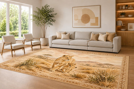 ICE ARMOR Large 6'7" x 9'10" Beige and Brown Lioness Cub Area Rug for Living Room, Soft Low Pile Carpet with Non-Slip Silicone Backing, Decor for Bedroom Dining Room and Home Office