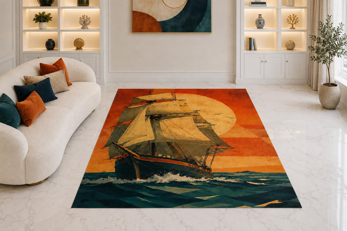 ICE ARMOR "Ultra Thin 5' x 7" Sailing Ship Shapes Area Rug for Living Room, Bedroom and Home Office, Soft Low Pile Carpet with Non-Slip Silicone Backing, Orange and Teal