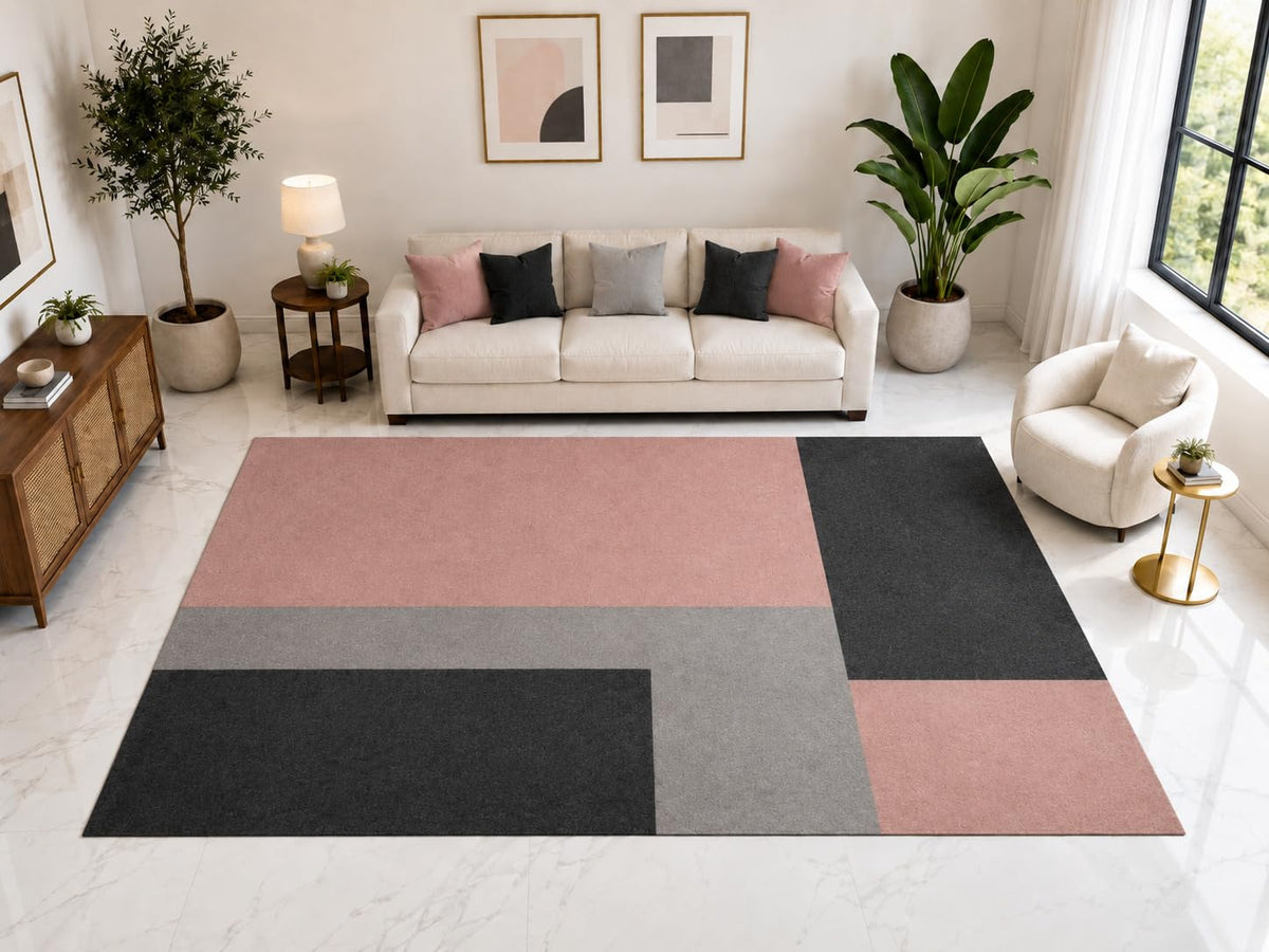 ICE ARMOR "Ultra Light Weight Large 6'7" x 9'10" Minimal Color Block Rug, Soft Low Pile Indoor Rug, Non-Slip Silicone Backing for Bedroom Pink Gray