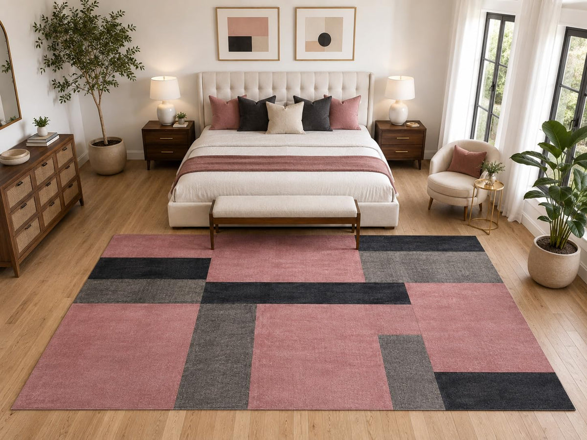 ICE ARMOR "Ultra Light Weight Large 6'7" x 9'10" Pink Gray Geometric Block Rug, Soft Low Pile Indoor Rug, Non-Slip Silicone Backing for Bedroom Pink