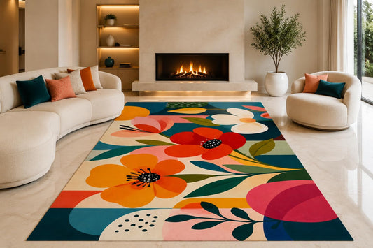 ICE ARMOR "Ultra Lightweight Large 6'7" x 9'10" Colorful Poppy Garden Area Rug for Living Room, Bedroom and Home Office, Soft Low Pile Carpet with Non-Slip Silicone Backing, Orange and Teal