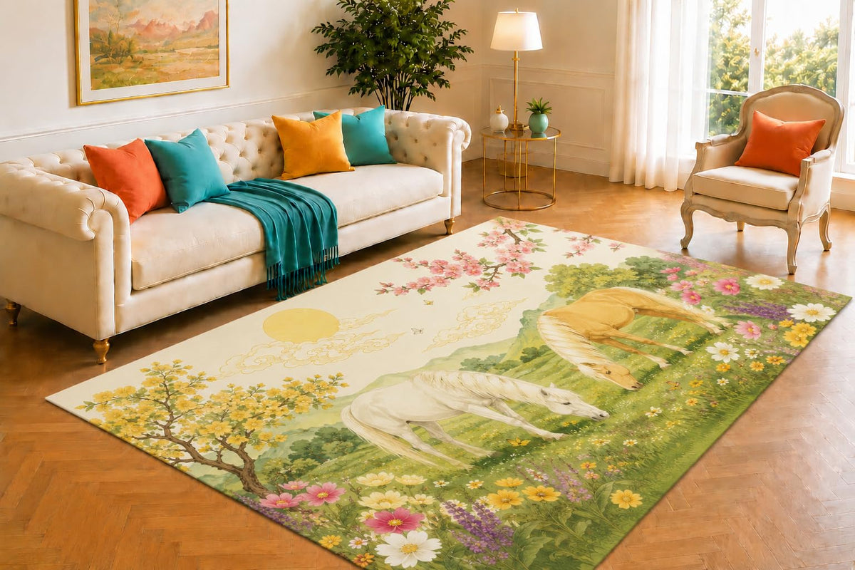 ICE ARMOR 5' x 7' Grazing Horses Meadow Area Rug, Soft Low Pile Non-Slip Indoor Carpet for Living Room, Bedroom, Office, Farmhouse, Family Room and Rustic Country Western Home Decor, Brown