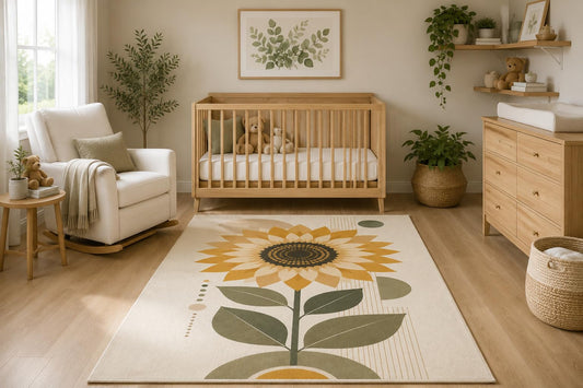 ICE ARMOR 5' x 7' Modern Sunflower Area Rug, Mid Century Botanical Floral Design for Living Room Bedroom Farmhouse Decor, Non-Slip Silicone Backing Low Pile Carpet