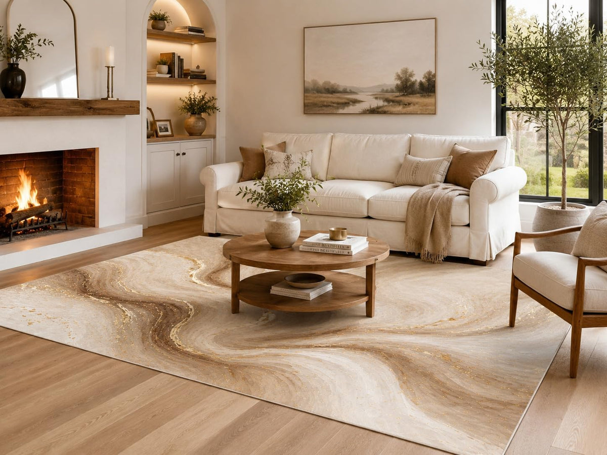 ICE ARMOR 6'7" x 9'10" Cream, Beige and Light Brown Marble Flow Area Rug for Living Room, Soft Low Pile Carpet with Non-Slip Backing for Bedroom, Dining Room and Home Office